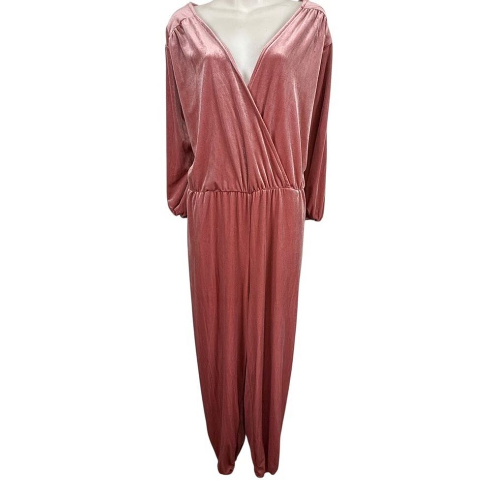 Eloquii Womens Pink Velvet Jumpsuit Outfit V-Neck Stretch 3/4 Sleeve Pants 18/20